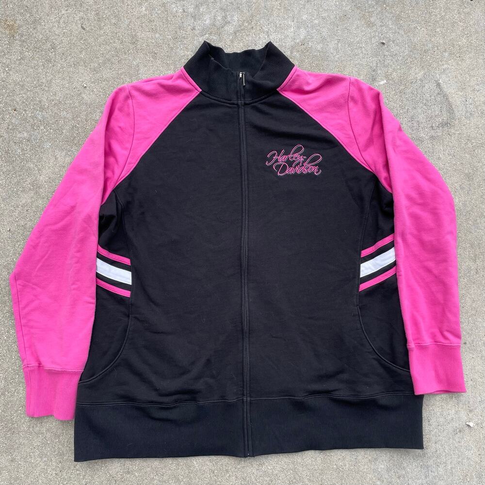 Harley Davidson Womens 2X Pink Black Zip Up Track Jacket Milwaukee Y2K Biker